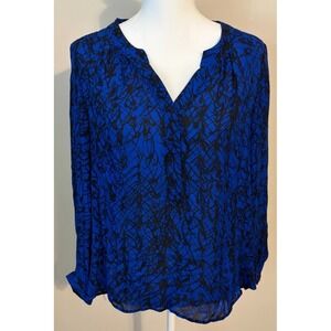 Milly 100% Silk Blouse Women's Size 10 Blue Black Abstract Print Top